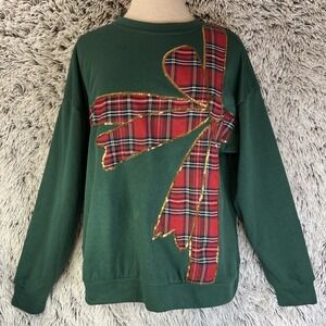 Bibi Green Red Plaid Ribbon Crewneck Pullover Christmas Gold Sequin Holiday Sz S